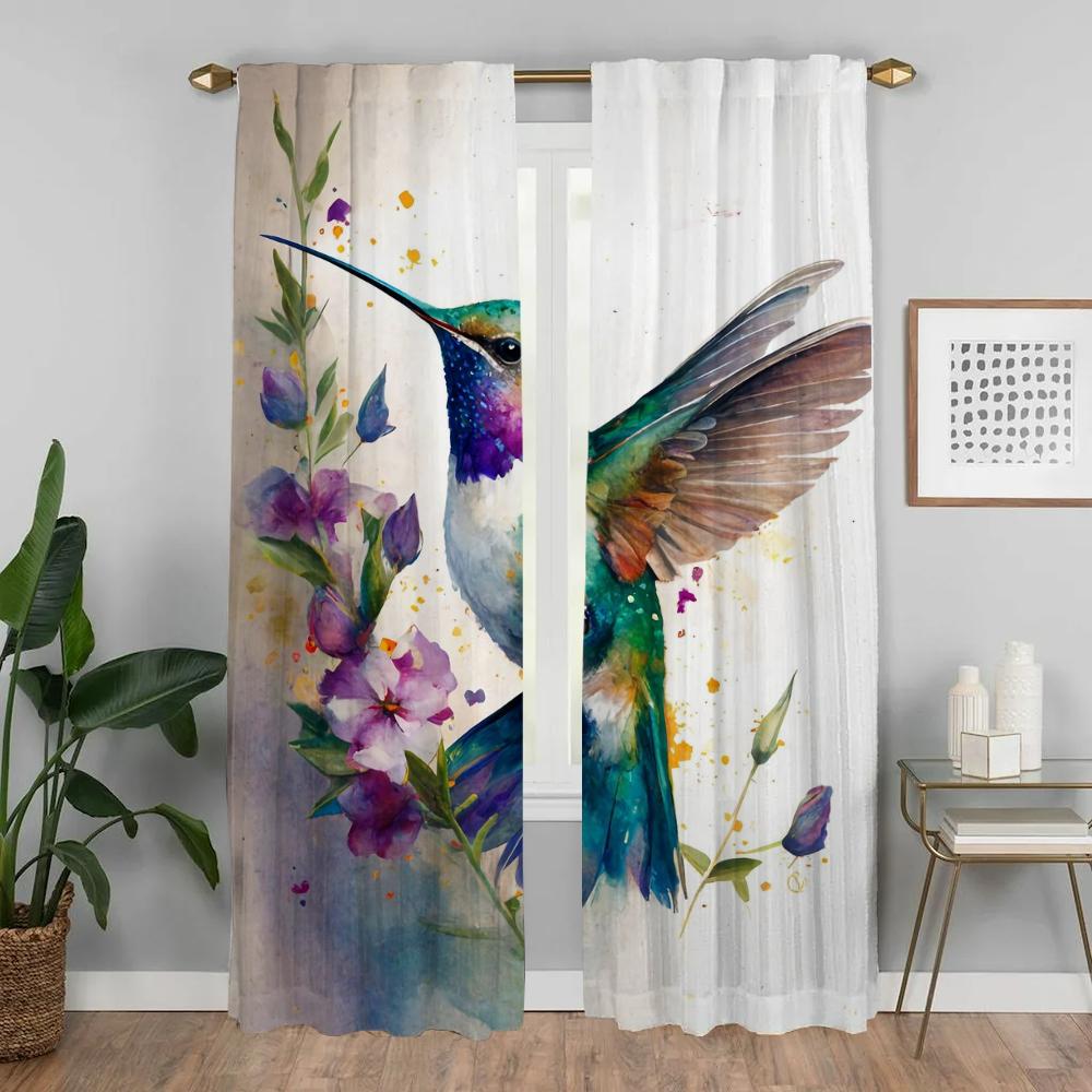 Bug Resistant Window Curtain Room Panel Hummingbird Birds Partition Halloween Decoration Tulle Bedroom Curtains Shades Polyester Washable Ready