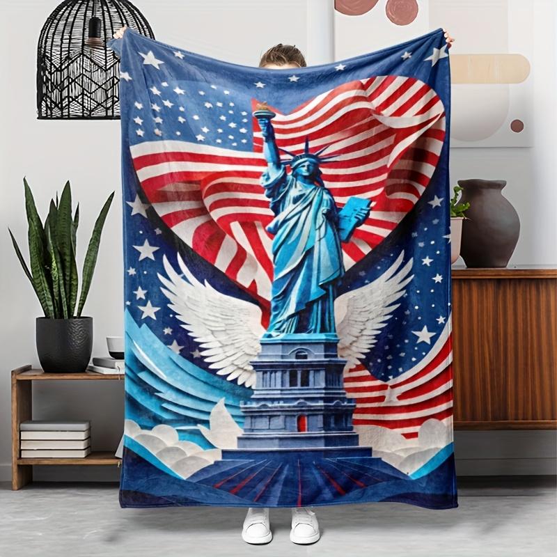 Statue of Liberty American Flag Star Print Flannel Blanket All Season for Home Camping Travel, Ideal Home Decor & Family Gift