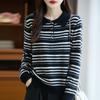 Women's Early Autumn Hong Kong Striped Color Block Polo Collar Knit Top - Stylish, Niche Lapel Loose Fit
