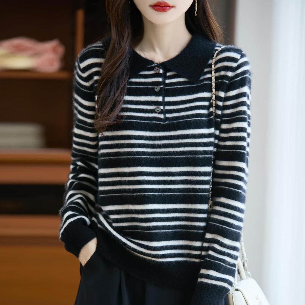 Women's Early Autumn Hong Kong Striped Color Block Polo Collar Knit Top - Stylish, Niche Lapel Loose Fit