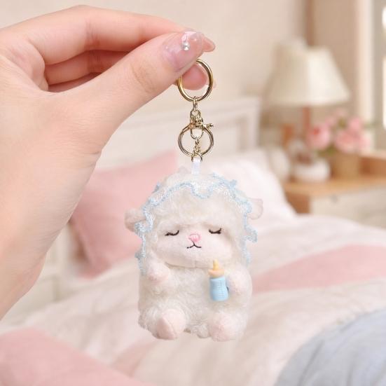 Plush Seated Sheep Keychain Pendant with Metal Ring for Backpack Keys, Soft Cute Lamb Keychain, Stuffed Animal Bag Charms