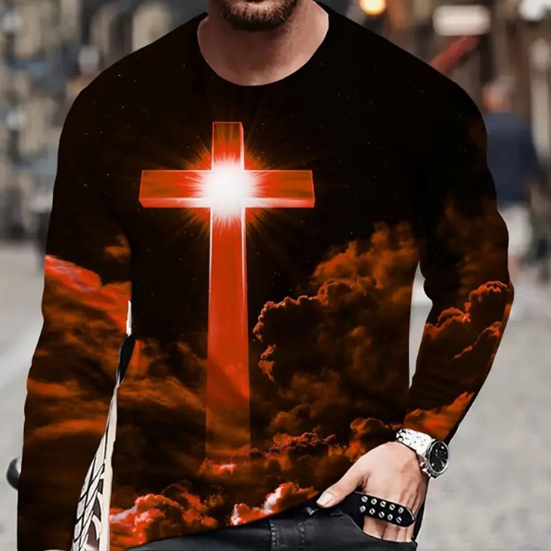 The Cross At Night Print Men's Tshirts Long Sleeve Tees Round Neck Casual Pullover Men's Clothing Plus Size