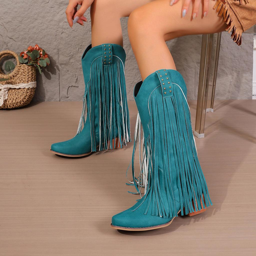 Autumn Fashion Women PU Plus Size Shoes for Women 36-43 Mid-calf Platform Tassel Pointed Toe Boots Casual Daily Footwear