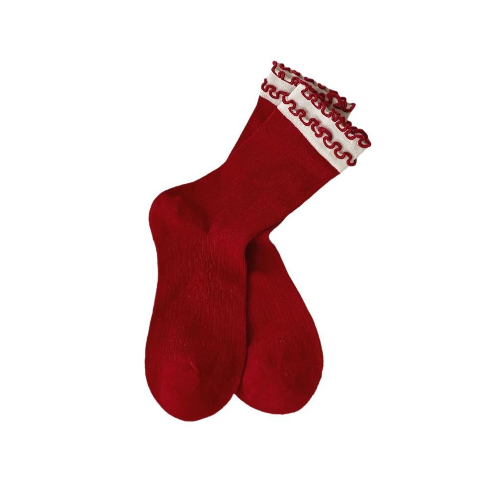 Double Layer Bow Socks Red Color Stacking Socks Trendy Mid Tube Socks  Holiday