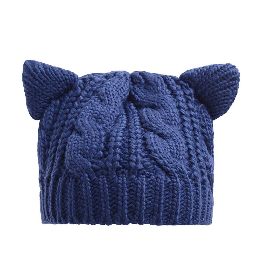 Women Knitted Hats Autumn Winter Trendy Solid Color Cute Cat Ears Cable Knit Beanie Hats