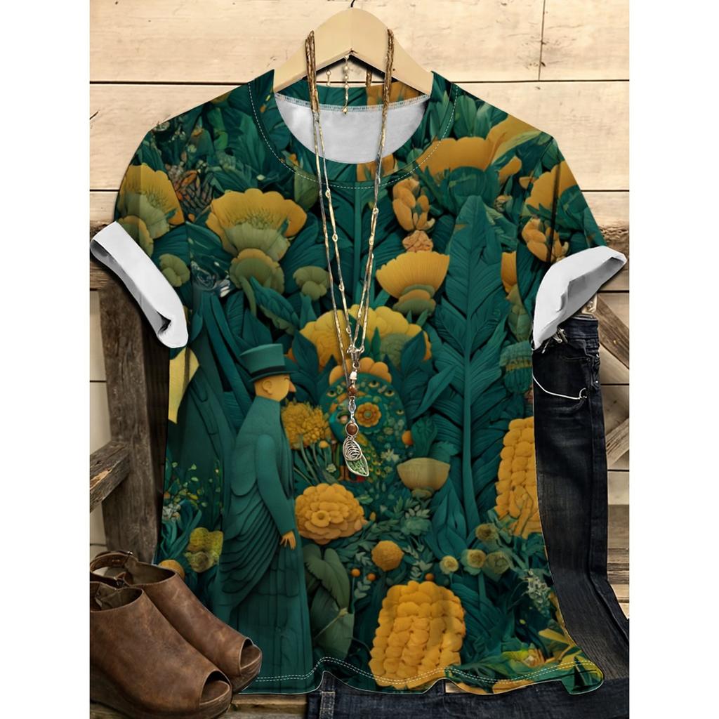 Summer Round Neck Flower Pattern 3D Print Top Fashionable Casual Short Sleeved Women's T-shirts