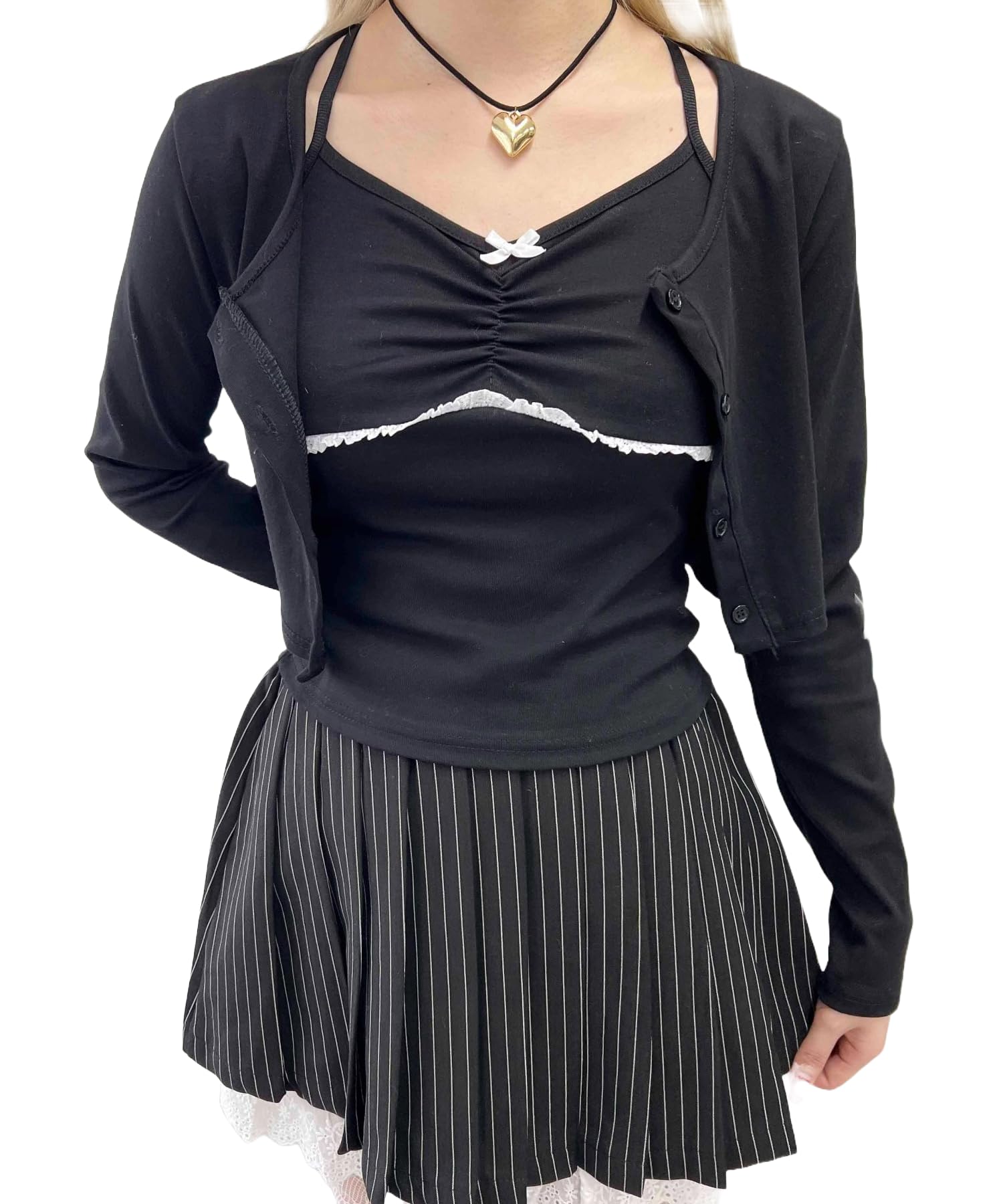 

WEGO PHILLY Комплект из 2 предметов: ленточная майка и черный топ корейского размера, кардиган, топ, майка, стиль, девчачий, повседневный, подарок, весна, лето, осень, зима, чёрный