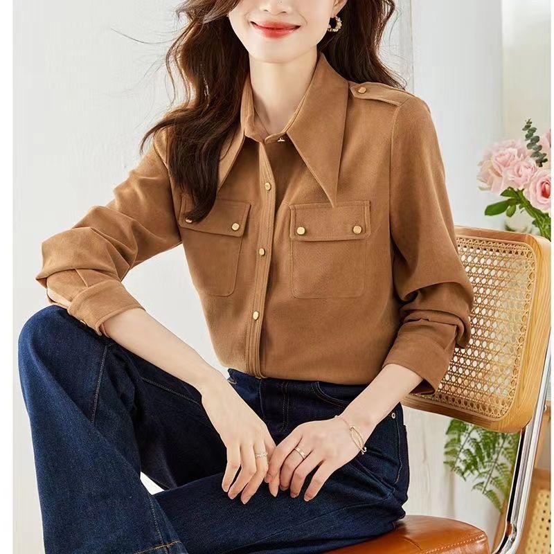 Retro Twill Furry Shirt Women Spring Autumn Casual Pointed Collar Gold Button Shirt Top
