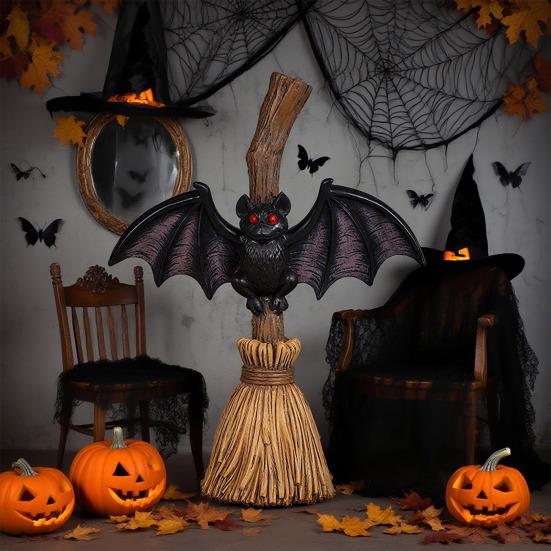 Halloween Broom Bat Figurine Resin Bat with Red Eyes Tabletop Decoration for Indoor Outdoor Home Patio Decor