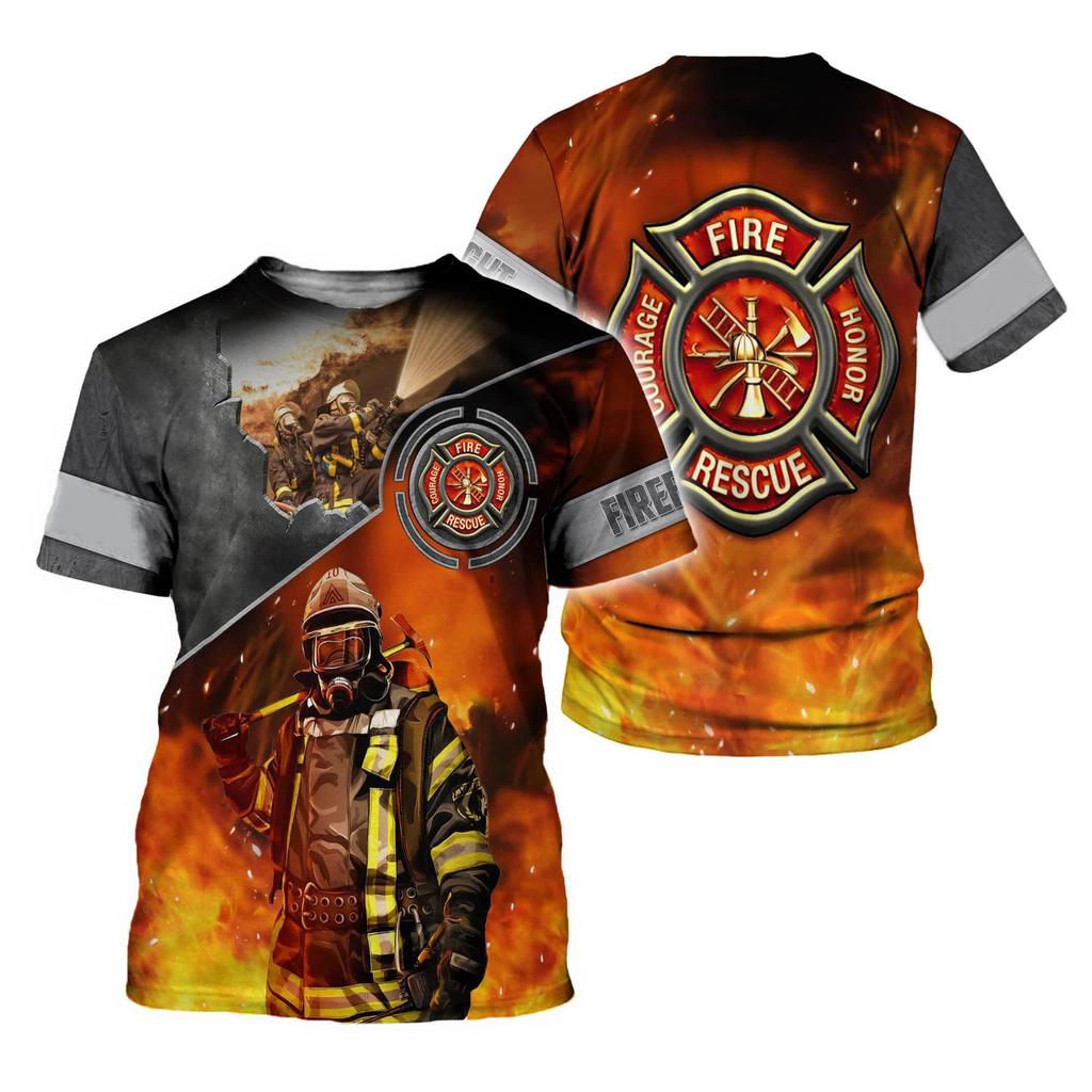Summer Round Neck 3D Firefighter Print Top Fashionable Casual Short Sleeved Men's T-shirts