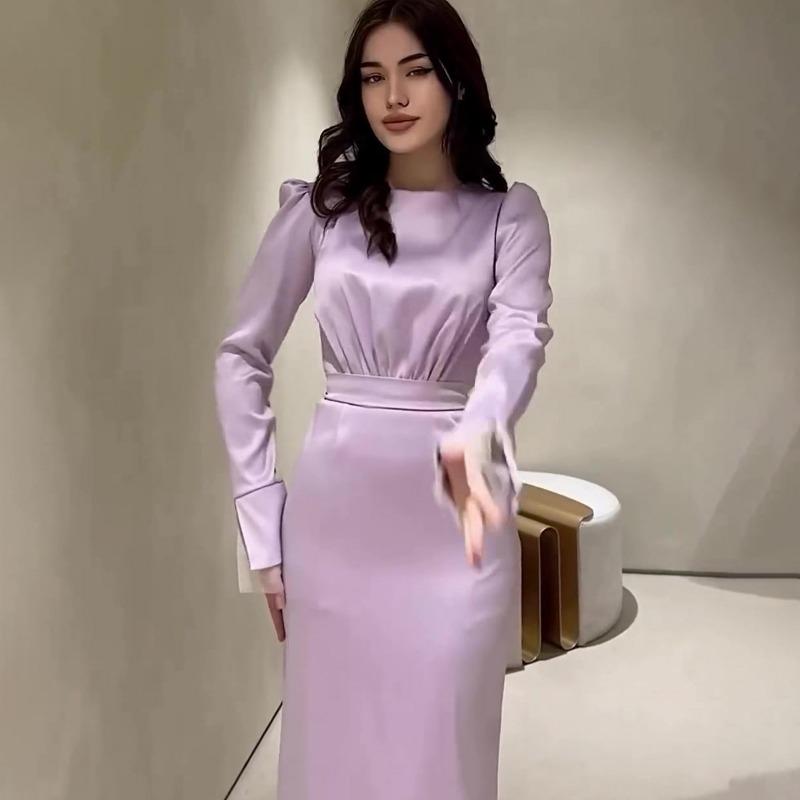 Women's Pleated Waisted Long Sleeve Dress