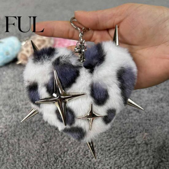Punk Backpacks Accessory Plush Leopard Love Heart Keychain, Stuffed Keyring Pendant Print Bag Charm with Metal Star, Decorative Key Chain
