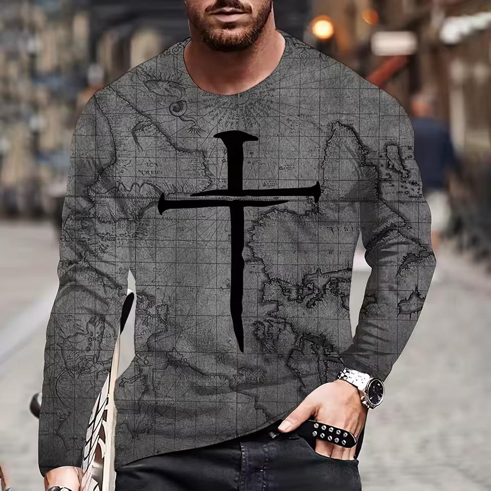Vintage Men's Long Sleeves T Shirt Fashion Cross Pattern Long Sleeve 3D Clothing Nautical Map Print Street Harajuku Oversized