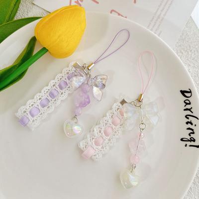 Porte-clés pendentif mignon en forme de griffe de chat, chaîne de téléphone, ruban en dentelle, perles, accessoires de décoration, cadeaux, pendentif pour sac