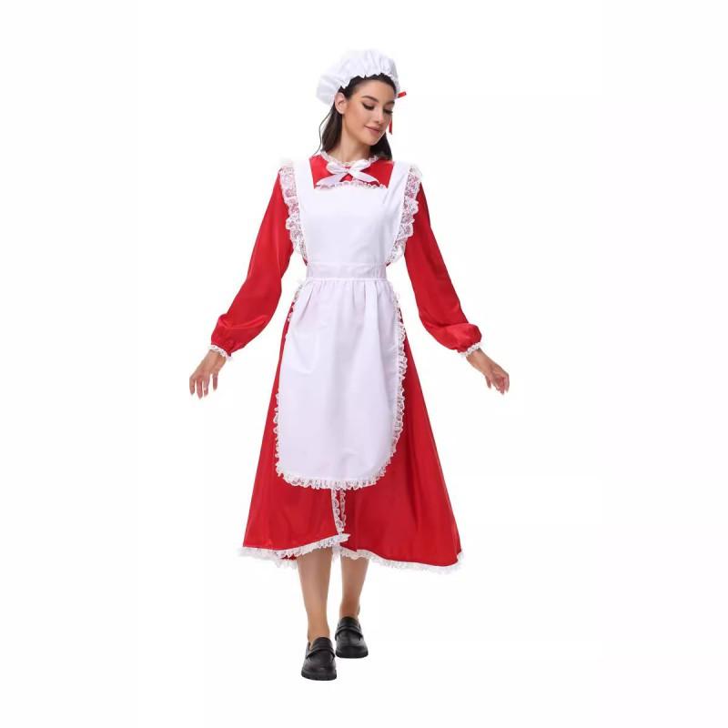 Christmas Cosplay Maid Costume Red Long Dress Cute Xmas Outfit Game Anime Role Play