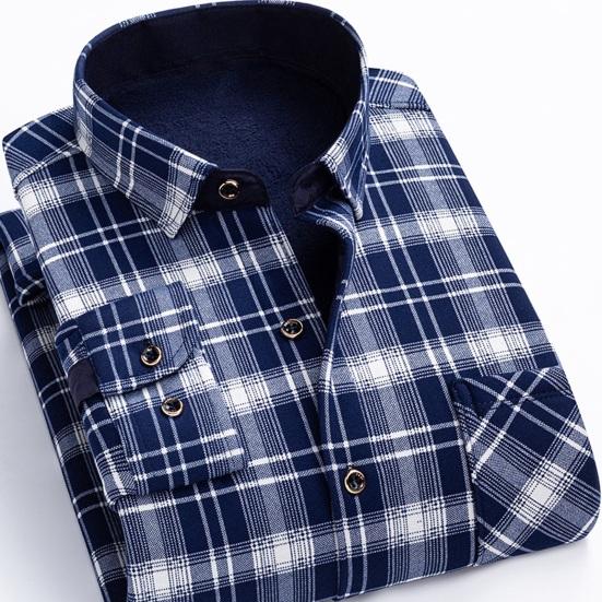 Hombres Otoño Invierno Camisa Color A Juego Estampado A Cuadros Felpa Gruesa Manga Larga Solapa Cárdigan De Un Solo Pecho Estilo Formal De Negocios Padre De Mediana Edad