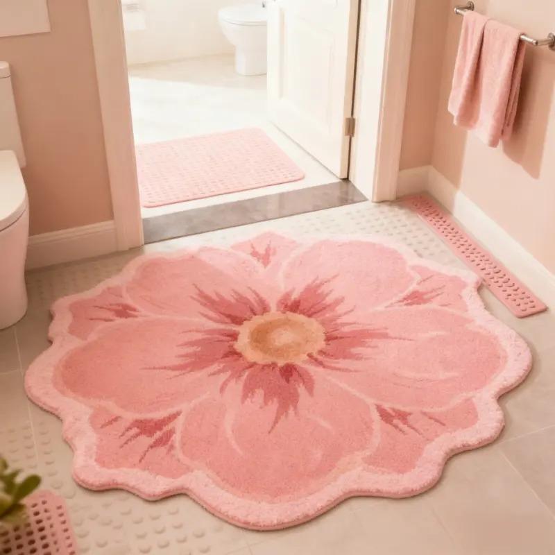 Pink Camellia Plush Carpet Soft Sofa Living Room Bedside Home Decorative Rug Fluffy Carpet for Living Space Decoration