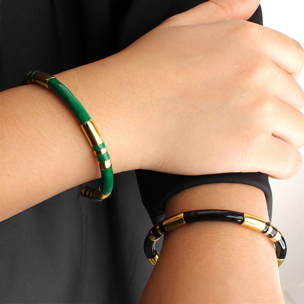 Chunky Enamel Bamboo Bracelet for Women Colorful Design Open Bangle Gold Color Stainless Steel Banquet Aesthetics Jewelry Gifts