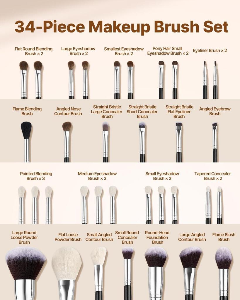 34-Piece Makeup Brush Set, Professional Brushes Kit for Foundation Blending Eyeshadow Concealer Blush - with Soft Bristles, Ergonomic Wood Handle,
