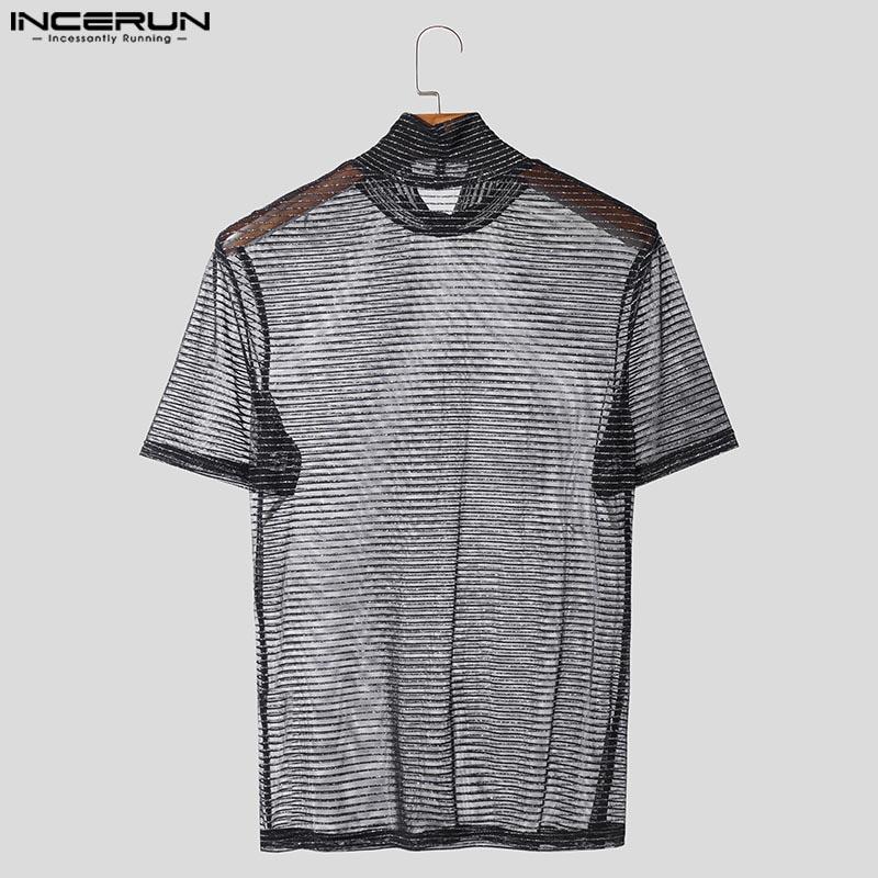 INCERUN Herren Rollkragen Langarm Glitzer Mesh Durchsichtiges T-Shirt See Through Tops