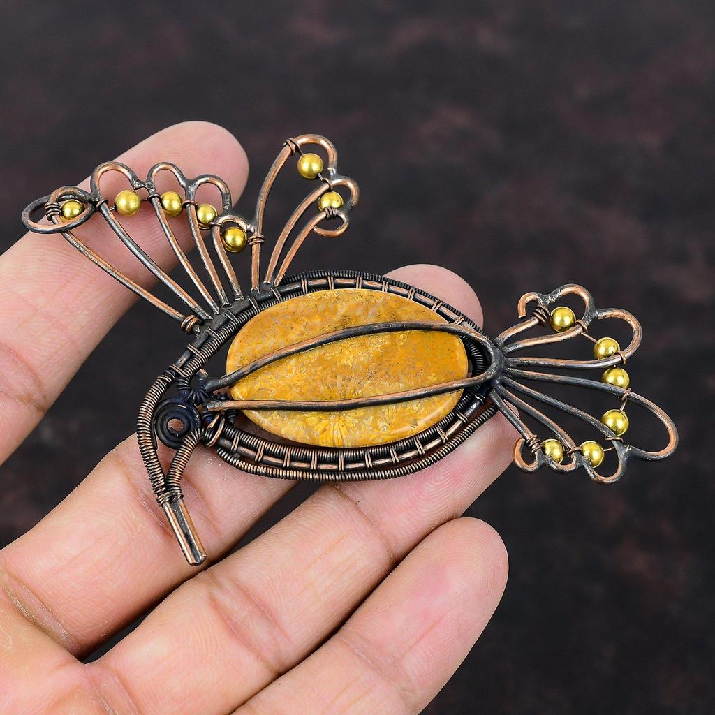 Fossil Coral Pendant Copper Wire Wrapped Pendant Gemstone Copper Jewelry Handmade Pendant Fossil Coral Jewelry Anniversary Gift Bird Pendant