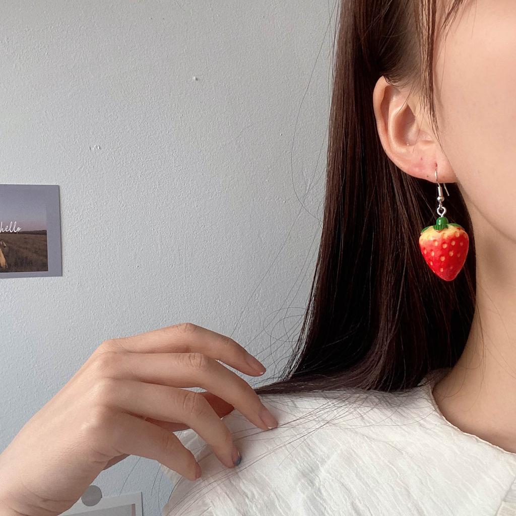 Fashion Strawberry Pendant Necklace Earring Sweet Clavicle Chain Simple Choker 3D Fruit Dangle Earring Statement Jewelry