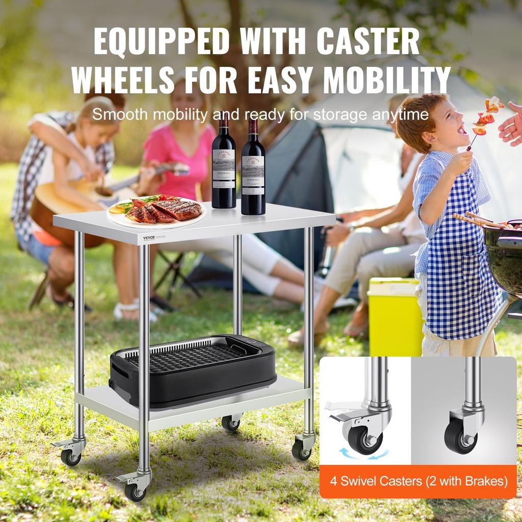 Stainless Steel Work Table Commercial Prep Table 24x36 Inch With 4 Casters