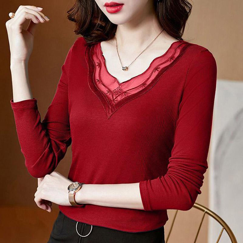 Tops for Women Pullover Long Sleeve V-neck  Autumn Winter Warm Slim Thickened Lace Top