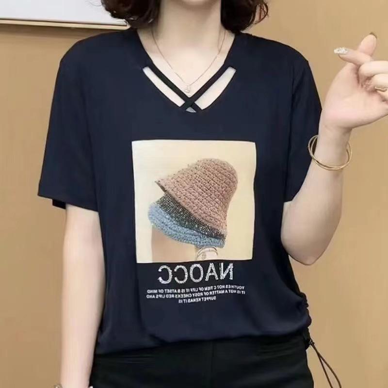 

Short Sleeve T-Shirt Women s Design Fashion Age Reduction Shirt Loose Belly Cover Large Size Top 4XL синій