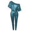 New Fashion Faux Leather Dress - Elastic Diagonal Neck & Batwing Short Sleeve