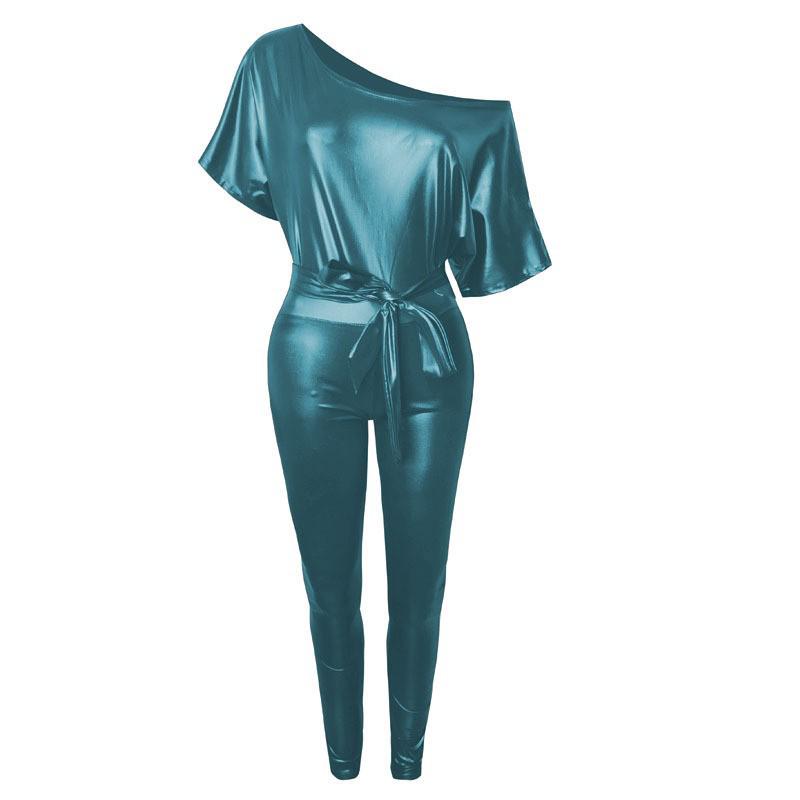 New Fashion Faux Leather Dress - Elastic Diagonal Neck & Batwing Short Sleeve