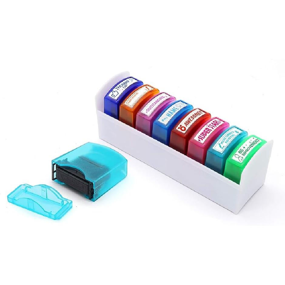 Reliancer Colorful Self-Inking Motivation School Grading Teacher Stamp Set and Tray (8-Piece)