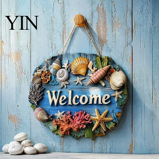 Summer Beach Party Decorations Coastal Wooden Wreath, Ocean Welcome Sign, Starfish Shell Nautical Handmade Sign Front Door Hanger for Porch,