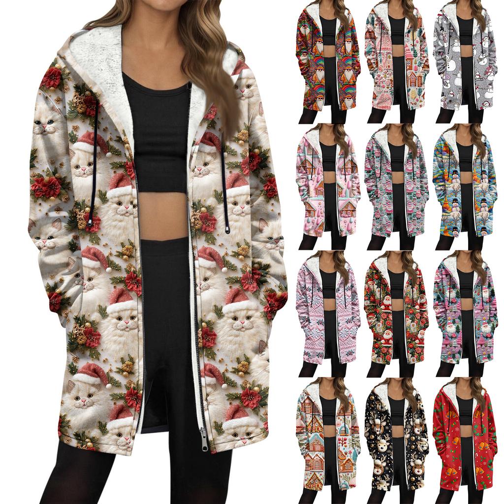 Women's Christmas Printed Fashionable Loose Zipper Fleece Hoodie Jacket