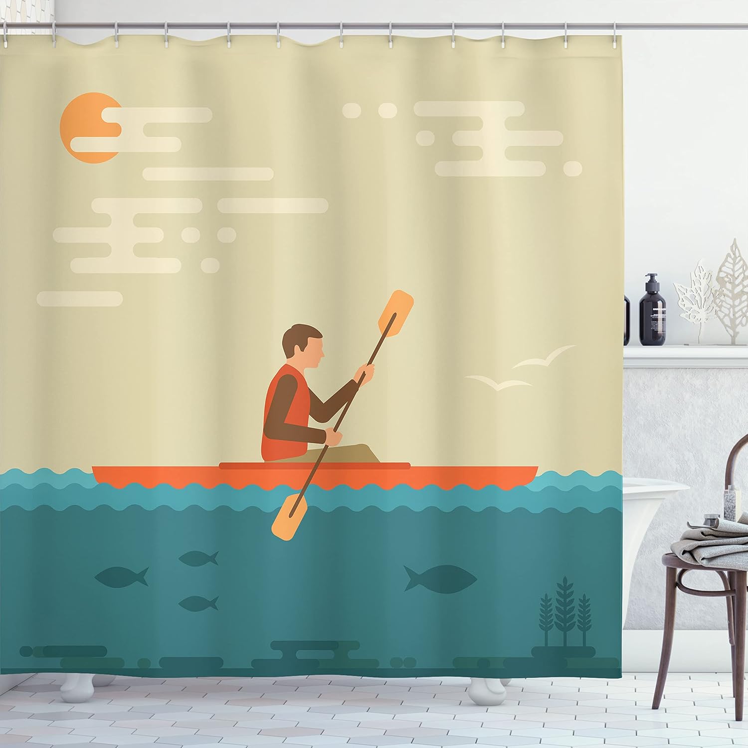 

Kayaking Adventure Shower Curtain Outdoor Nature Scene Bathroom Decor Linen180X180 W60H190(CM)-1 Pcs
