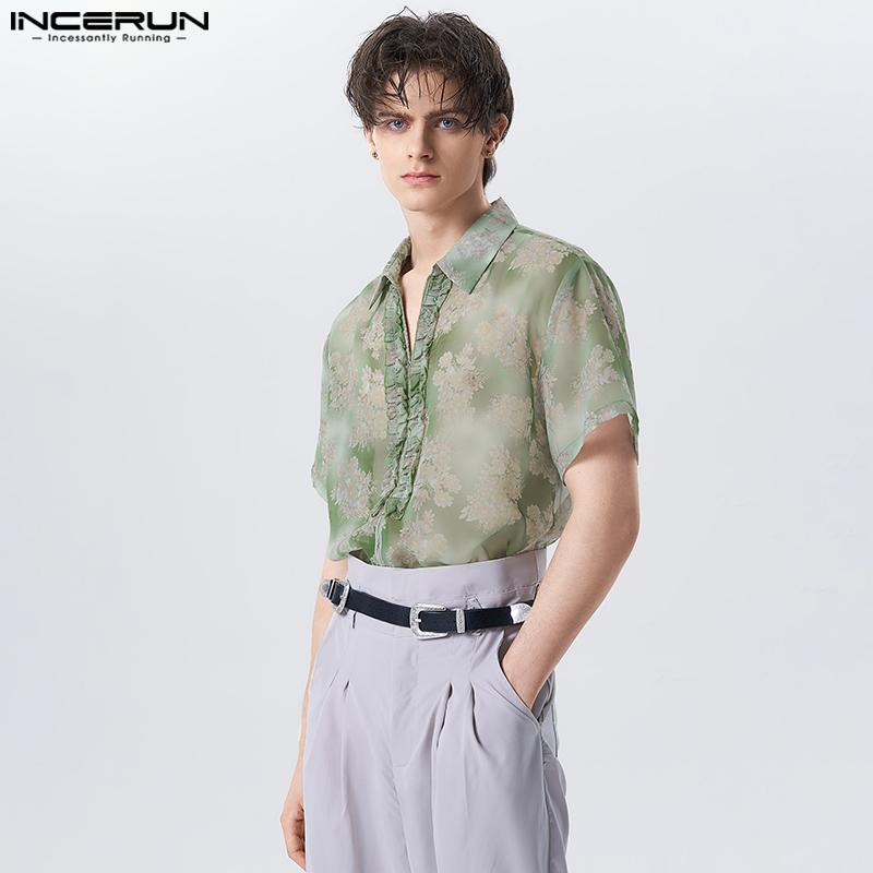 

INCERUN Летние мужские прозрачные рубашки на молнии с короткими рукавами и принтом