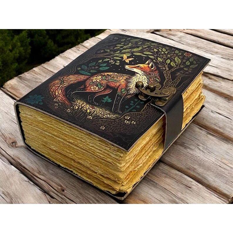 Fox vintage handmade leather journal grimoire fat journal notebook