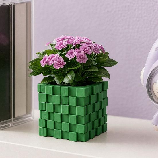 3D Printed Pixel Cube Planter, Grid Spliced Decor, Retro Geometric Ornament, Matte Breathable Structure, Compact Desktop Pot for Succulents Green