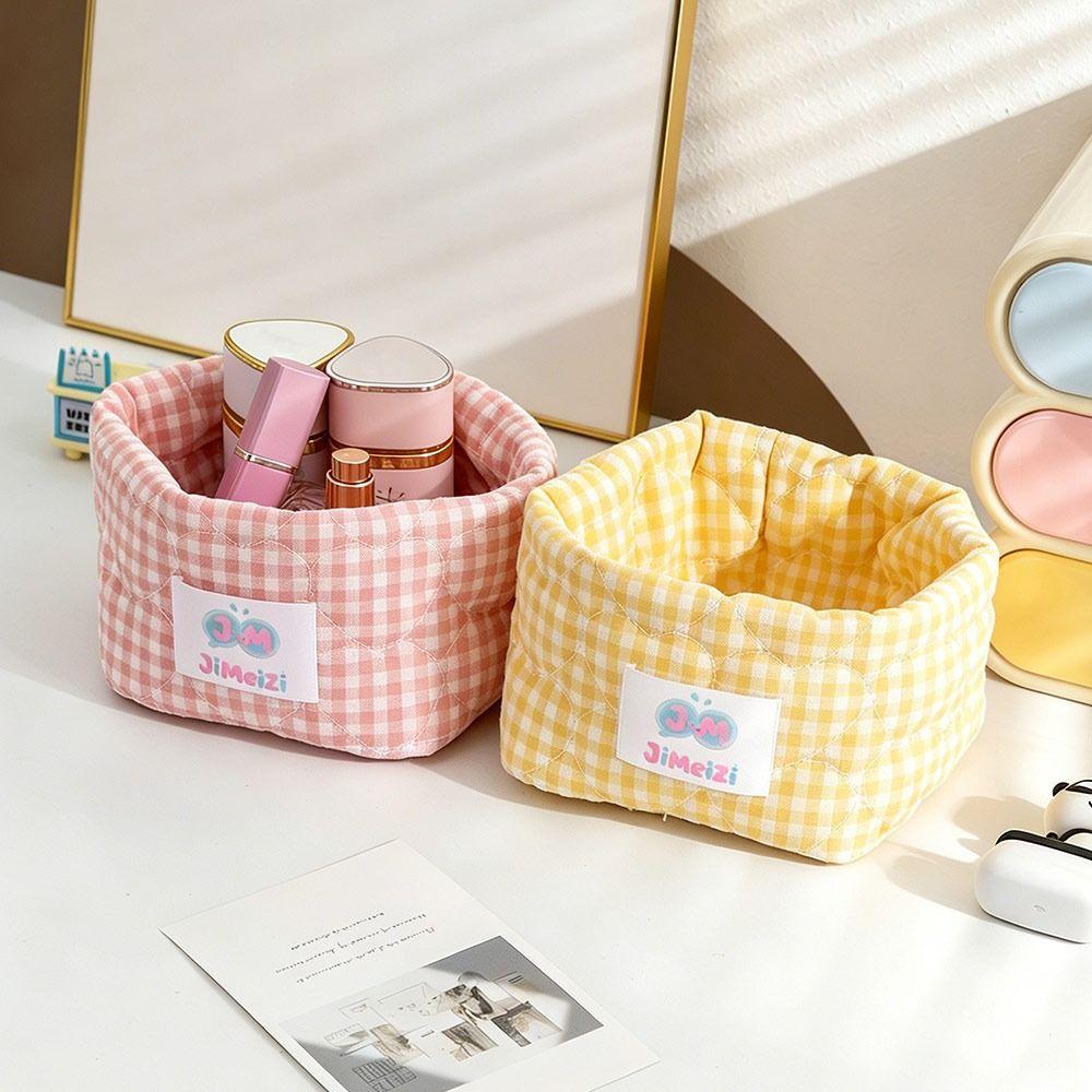 Gingham Fabric Storage Basket Soft Quilted Makeup Storage Basket  Home Decor