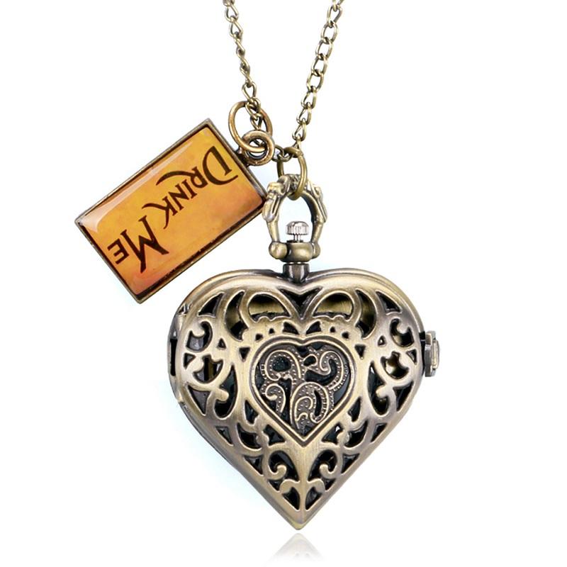 Romantic Heart Shape Quartz Pocket Watch Bronze/Silver/Black Necklace Pendant Chain Ladies Watch Souvenir Gifts for Girls Women