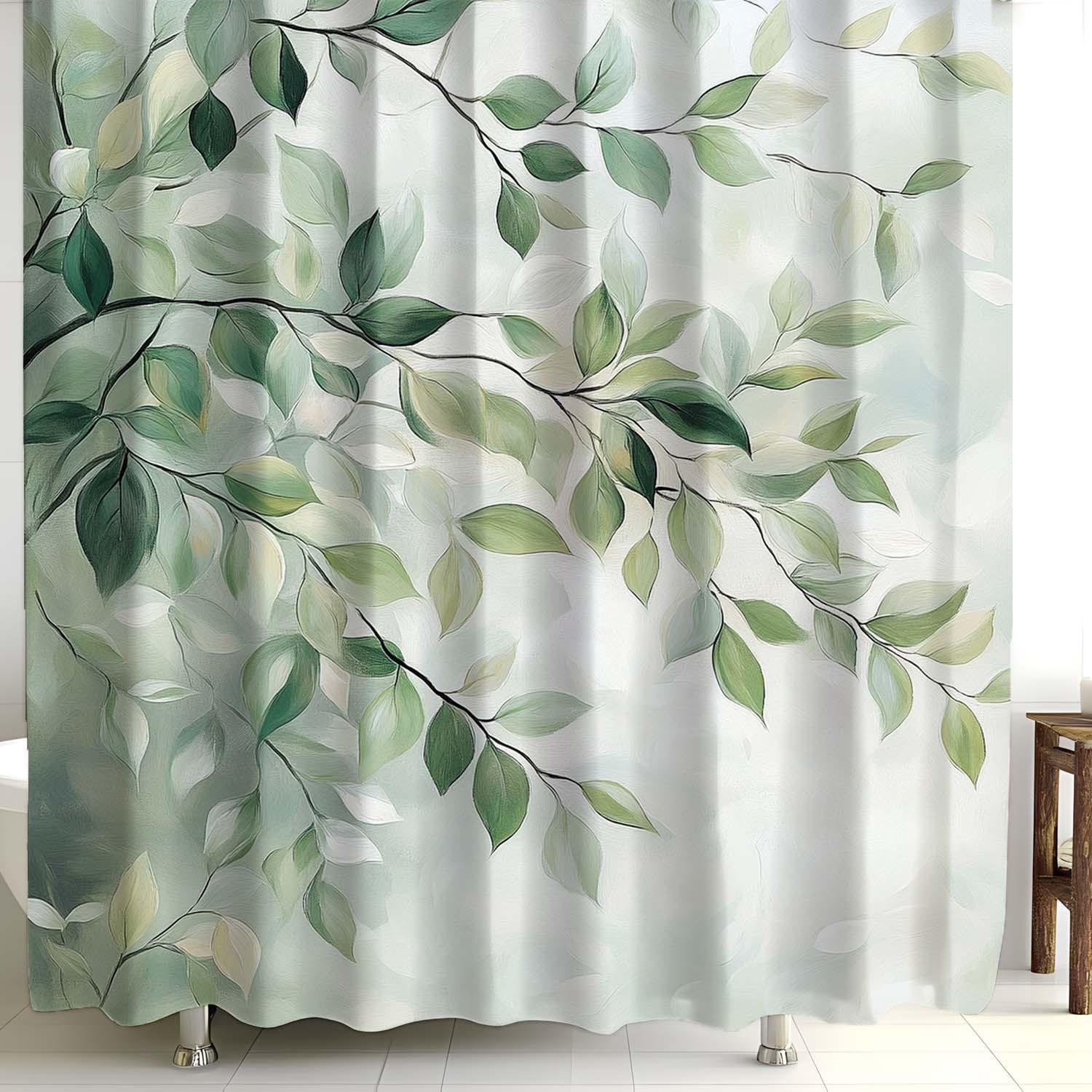 

Open One Piece Retro Simple Green Leaf Print Shower Curtain With Hook, Machine Washable, Suitable For Bathroom Decoration W60H190(CM)-1 Pcs