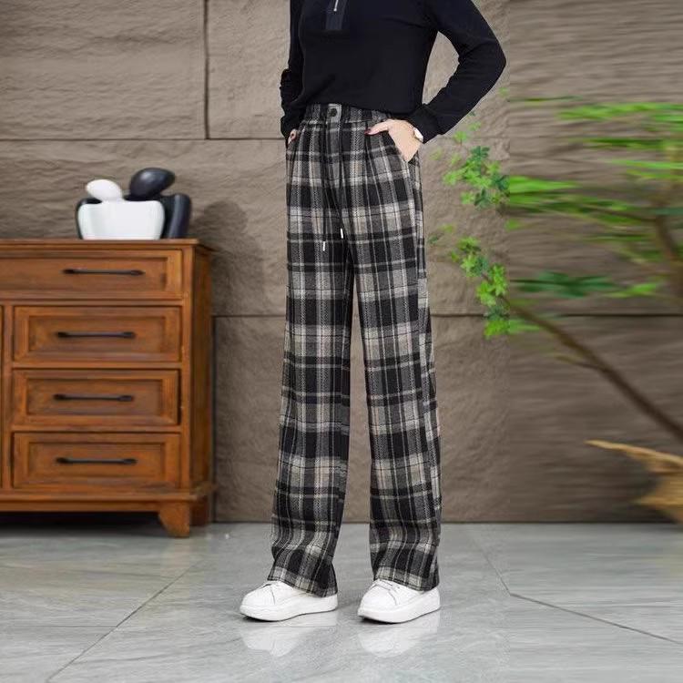 

Женские гаремные брюки в клетку из мягкой шерсти - Осень/Зима 2023, стиль бабушкин , с плюшевой подкладкой, теплые на кулиске, повседневный крой. L [110-120 lbs]