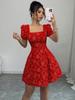Summer Slim Fit Women's Elegant Lace Solid Color Bubble Sleeve Square Neck A-Line Dress