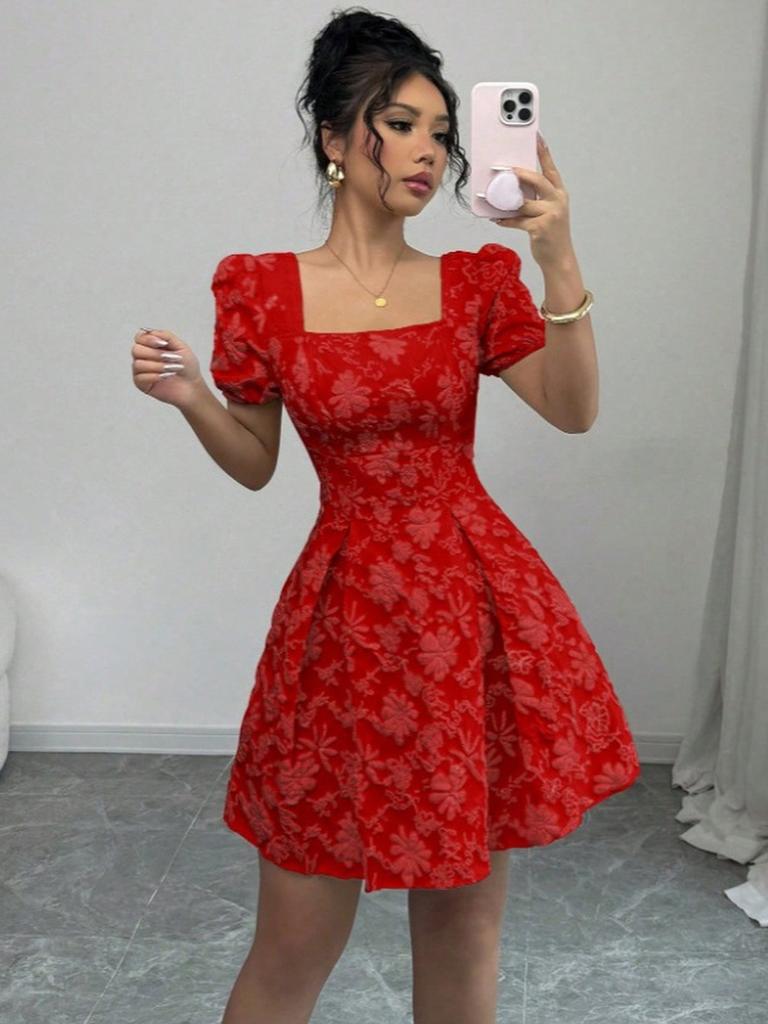 Summer Slim Fit Women's Elegant Lace Solid Color Bubble Sleeve Square Neck A-Line Dress