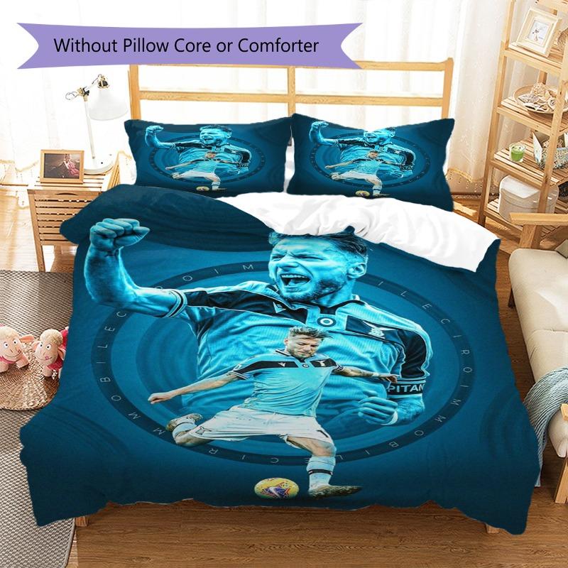 Blue Tone Soccer Player Portrait Bedding Set, Football Star Art Duvet Cover, 3Pcs Bed Set with 2 Pillowcases for Bedroom Decor, No Comforter