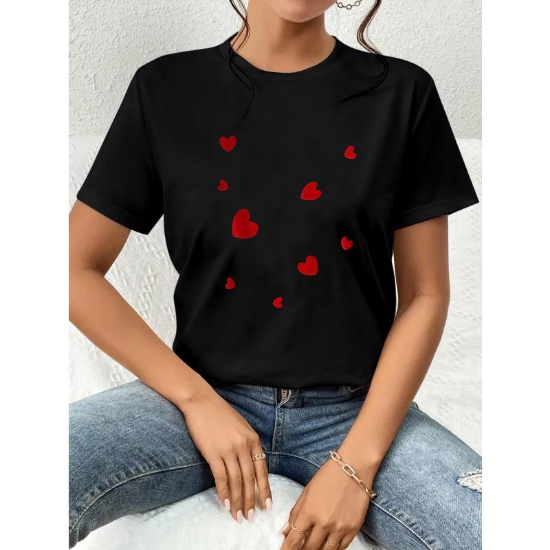 European Size Valentine's Day Women's Casual Round Neck Short Sleeve T-Shirt with Small Heart Print - Perfect Choice for Spring and Summer