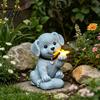 Resin Animal Garden Decor Dog Statue with Solar Butterfly Light Small Puppy Sculpture Decorative Figure Outdoor Waterproof Powered Figurine