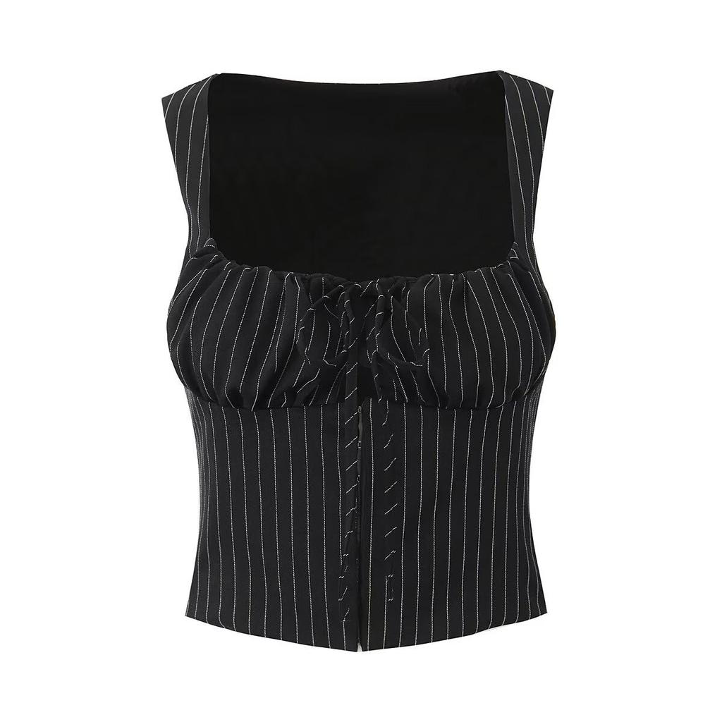 European and American style, new women's clothing, foreign style vest, striped strap top, striped pleated skirt