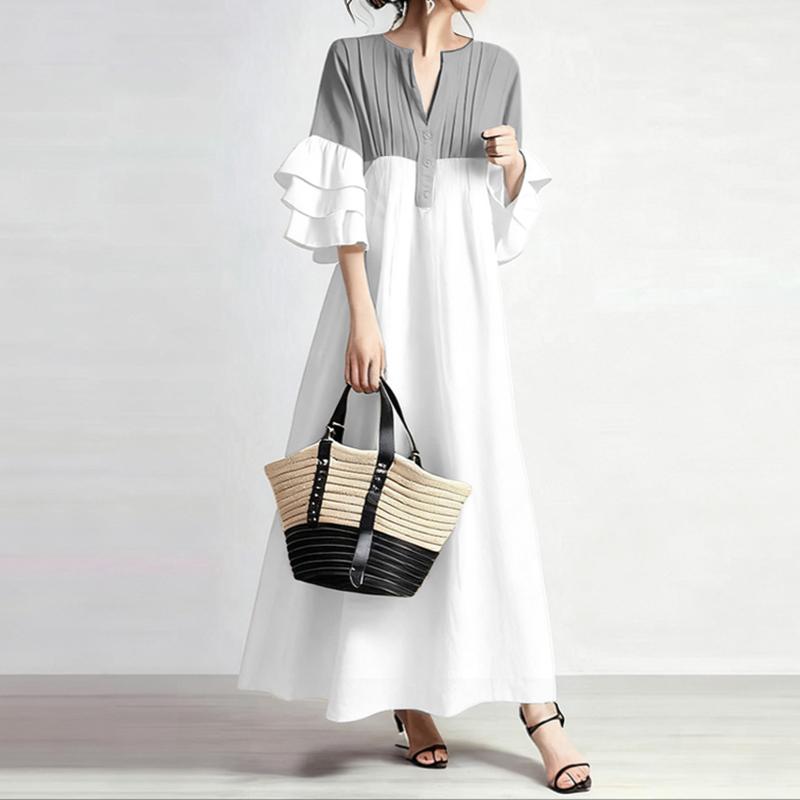 ZANZEA Women Casual V-neck Ruffles 3/4 Sleeve Loose Long Dress