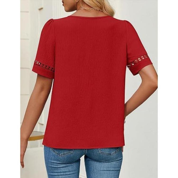 Summer Casual Women Loose Fit V Neck Short Sleeve Blouse Solid Color Tops Shirts